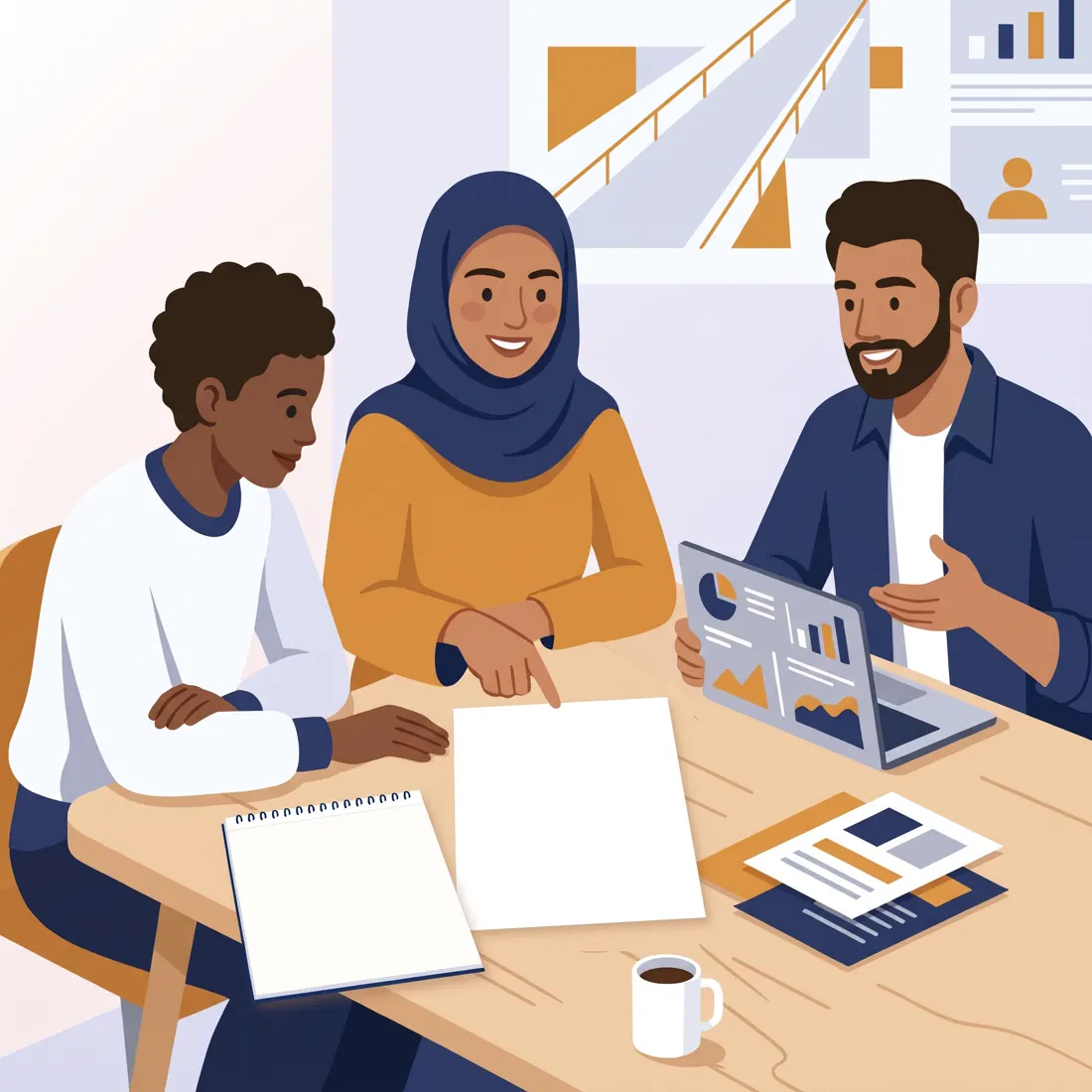 Illustration of three young adults working together at a table with a notebook, papers and a laptop